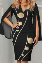 Vestidos de falda de un paso con cuello en V estampado elegante patchwork negro
