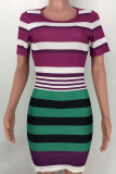 Blue Casual Striped Print Patchwork O Neck Pencil Skirt Dresses