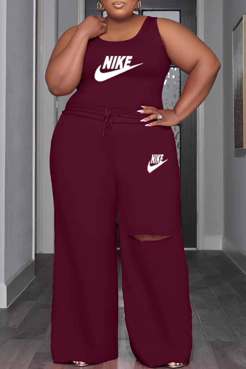 

Burgundy Casual Print Ripped Letter U Neck Sleeveless Two Pieces