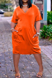 Oranje Mode Casual Solid Basic V-hals Jurk met Korte Mouwen
