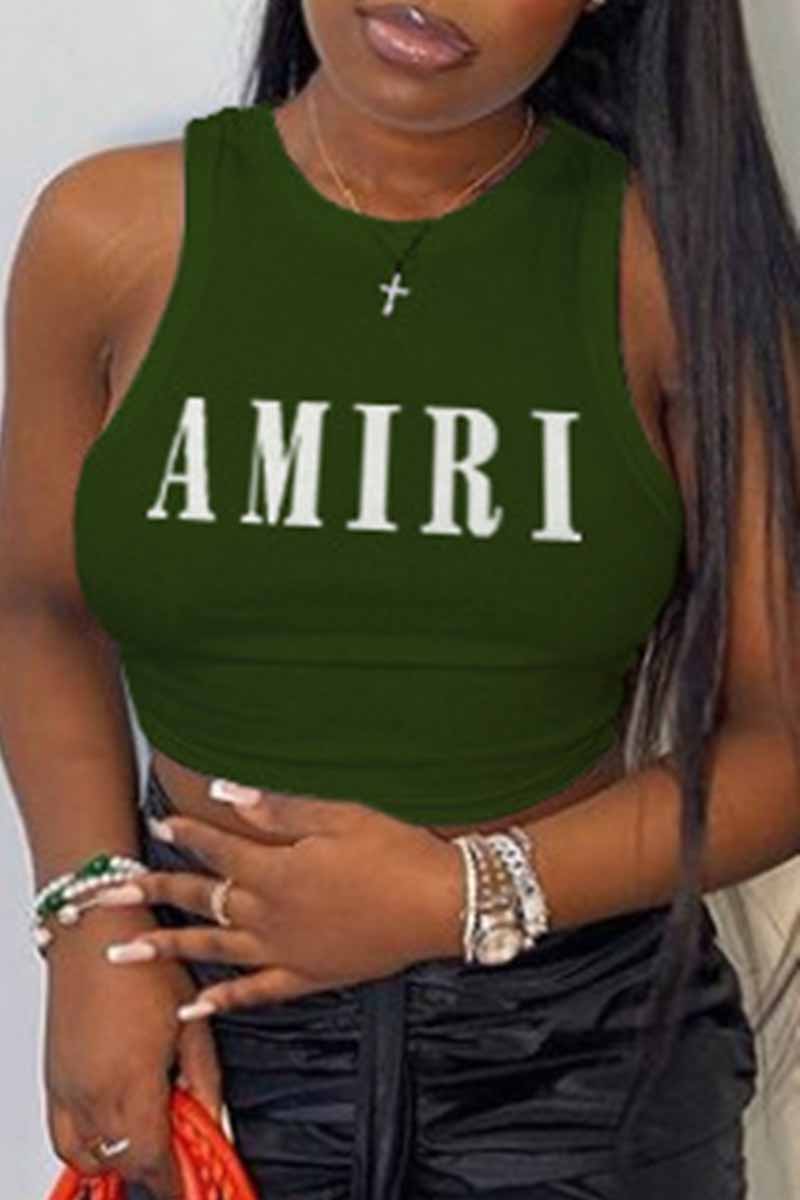 

Army Green Sexy Print Letter O Neck Tops