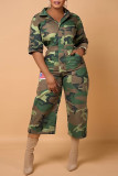 Army Green Casual Street Print Camouflage Print Patchwork Pocket Rits Turndown Collar Straight Jumpsuits