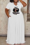 Witte casual print Basic O-hals jurk met korte mouwen Grote maten jurken