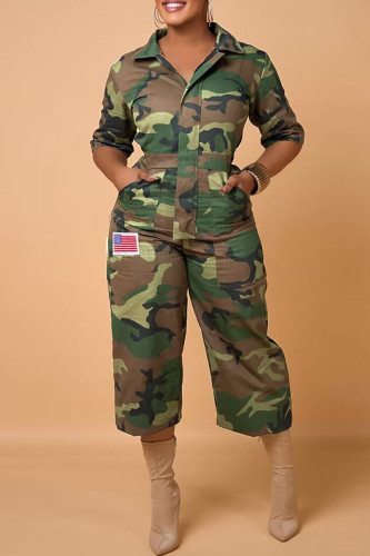 Army Green Casual Street Print Camouflage Print Patchwork Pocket Zipper Turndown Collar Straight Jumpsuits