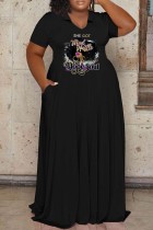 Zwarte casual print Basic O-hals jurk met korte mouwen Grote maten jurken
