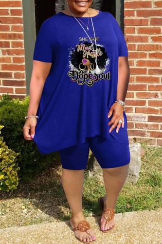 Blue Casual Print Basic O Neck Plus Size Two Pieces