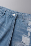 Short jeans skinny cintura média rasgado patchwork cor clara