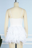 White Sexy Solid Patchwork Feathers Strapless Sleeveless Two Pieces