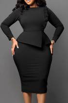 Vestidos de falda de un paso con cuello en O de orillo fibroso de patchwork sólido elegante de trabajo casual negro