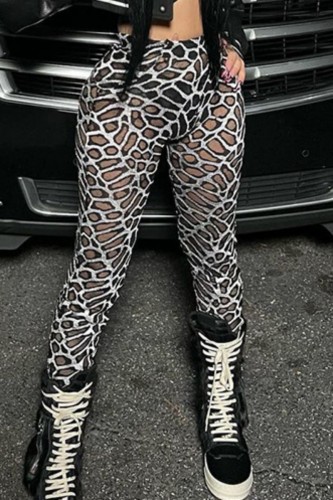 Calças casuais com estampa de leopardo estampa de leopardo skinny transparente cintura alta lápis estampa completa