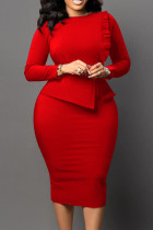 Vestidos de falda de un paso con cuello en O de orillo fibroso de retazos lisos elegantes de trabajo casual rojo
