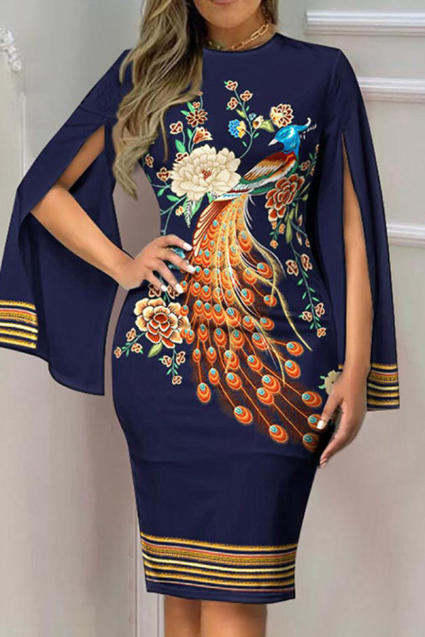 Vestidos saia única com estampa elegante azul pavão patchwork decote em V