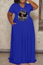 Vestido azul casual estampado básico com decote em O e manga curta vestidos tamanho grande