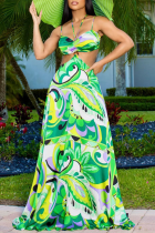 Vestido verde sexy estampado vazado com alça espaguete