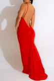 Vestido longo vermelho sexy liso sem costas com decote em V