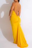 Vestidos longos amarelo sexy liso sem costas com decote em V