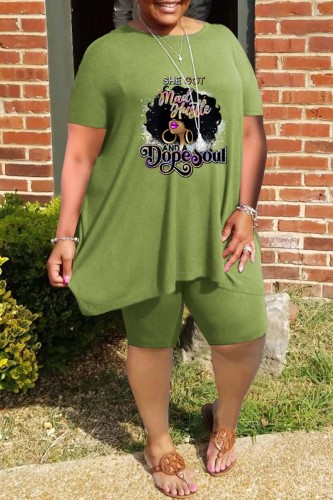 Green Casual Print Basic O Neck Plus Size Two Pieces