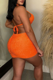 Orange Sexy Solid Backless Halter Sleeveless Two Pieces