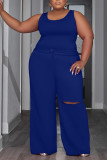 Deep Blue Casual Solid Hollowed Out Patchwork U Neck Plus Size Two Pieces