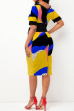 Yellow Casual Print Bandage Patchwork O Neck One Step Skirt Dresses