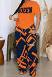 Orange Casual Print Patchwork O Neck Short Sleeve Two Pieces