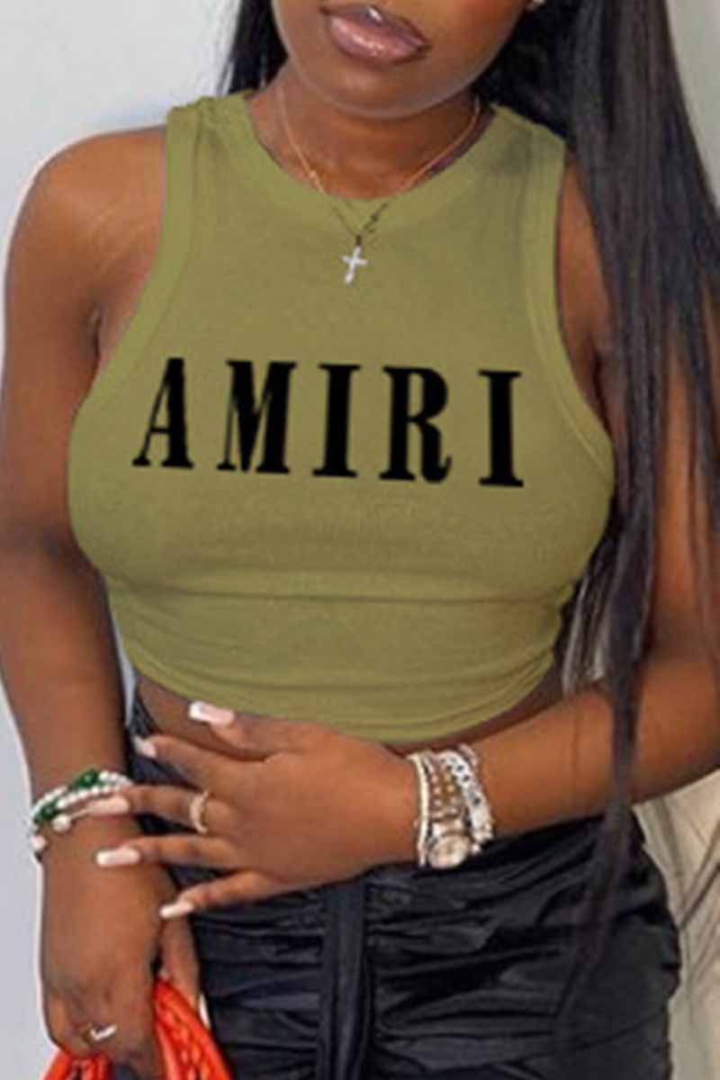 

Light Green Sexy Print Letter O Neck Tops