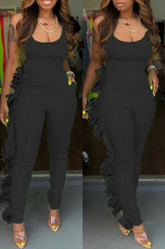 Black Casual Solid Tassel U Neck Skinny Jumpsuits