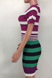 Red Casual Striped Print Patchwork O Neck Pencil Skirt Dresses