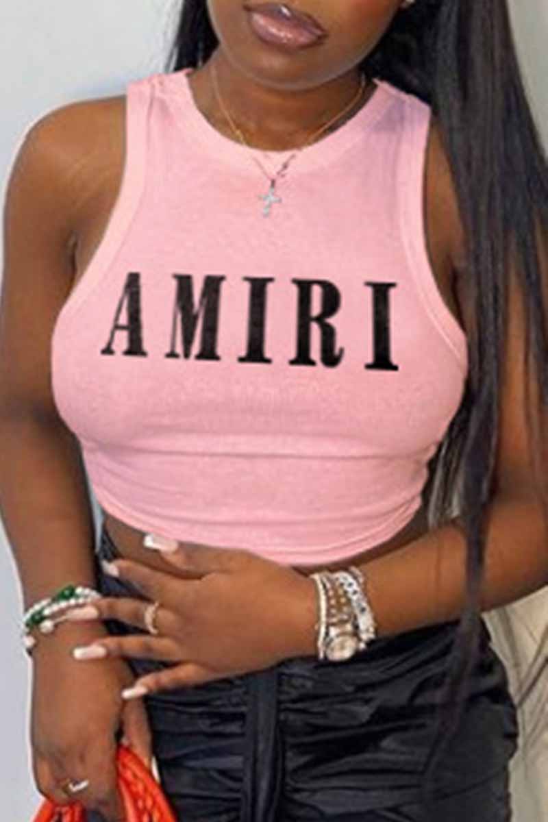 

Light Pink Sexy Print Letter O Neck Tops