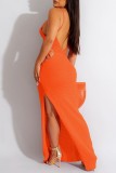 Oranje Sexy Solid Bandage See-through Backless Slit Spaghetti Strap Beach Dress Jurken