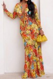 Yellow Sexy Casual Print Bandage V Neck Long Sleeve Two Pieces