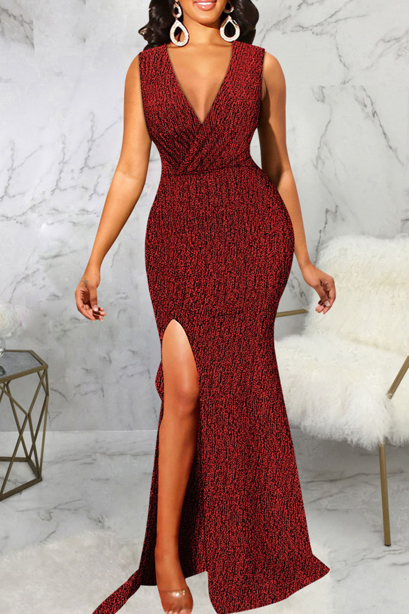 

Red Sexy Solid Patchwork Slit V Neck Long Dress Dresses