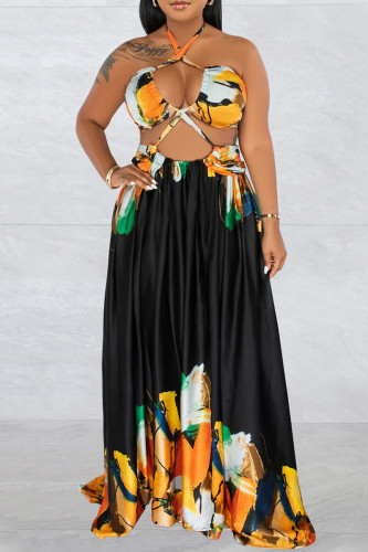 Black Sexy Print Bandage Backless Slit Halter Long Dress Dresses