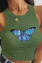 Army Green Casual Butterfly Print Basic O Neck Tops