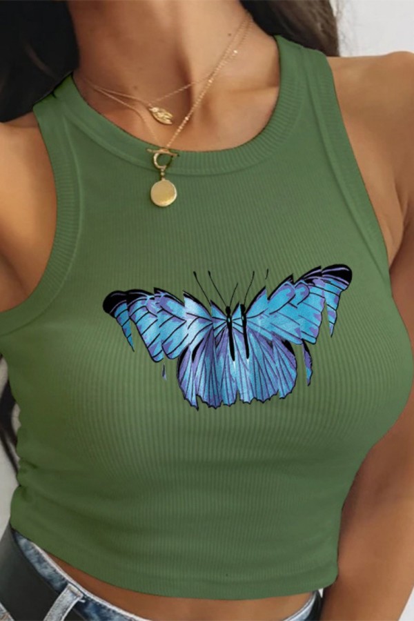 Legergroen Casual vlinderprint Basic O-hals tops