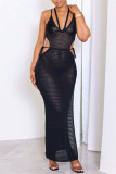 Vestido de playa con correa de espagueti y abertura sin espalda transparente de vendaje sólido sexy negro Vestidos
