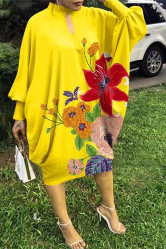 Yellow Casual Print Patchwork Half A Turtleneck Straight Dresses