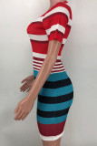 Blue Casual Striped Print Patchwork O Neck Pencil Skirt Dresses
