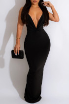 Svarta sexiga solid rygglös V-hals långa klänningar