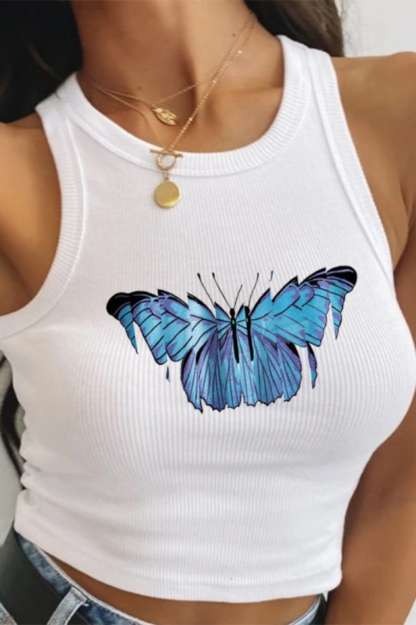 Vit Casual Butterfly Print Basic O Neck Toppar