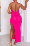 Rose Red Sexy Solid Bandage See-through Backless Slit Spaghetti Strap Beach Dress Dresses