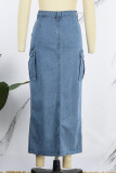 Light Blue Casual Solid Patchwork Asymmetrical High Waist Regular Wash Split Thigh Tassel Denim Skirts
