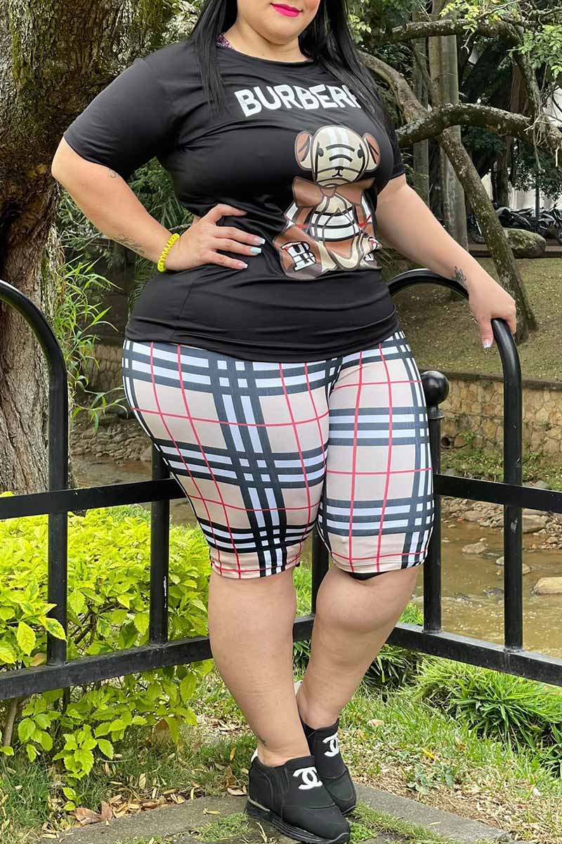 

Black Casual Plaid Print Letter O Neck Plus Size Two Pieces