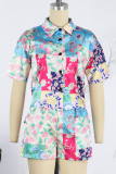 Pink Yellow Casual Print Patchwork Shirt Collar Short Sleeve Two Pieces