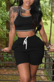 Black Casual Solid Patchwork U Neck Two Pieces Tank Crop Tops And Short Sets