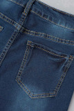 Голубые повседневные однотонные джинсы со средней посадкой в ​​стиле пэчворк со средней посадкой