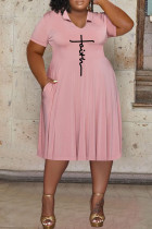 Roze casual print patchwork jurk met V-hals en korte mouwen Grote maten jurken