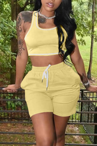 Light Yellow Casual Solid Patchwork U Neck Two Pieces Tank Crop Tops And Short Sets