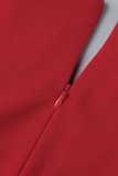 Rote, lässige, solide, durchsichtige, durchsichtige Patchwork-Kleider mit O-Ausschnitt und langen Ärmeln
