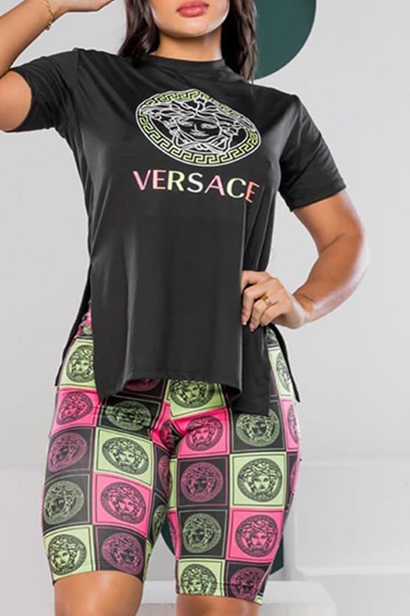 

Black Casual Figure Print Slit Letter O Neck Short Sleeve Two Pieces